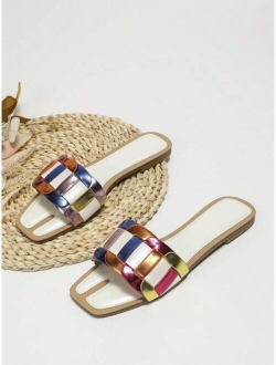 Shein Fashionable Slide Sandals For Women, Colorblock Metallic Single Band Flat Sandals