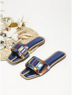 Shein Fashionable Slide Sandals For Women, Colorblock Metallic Single Band Flat Sandals