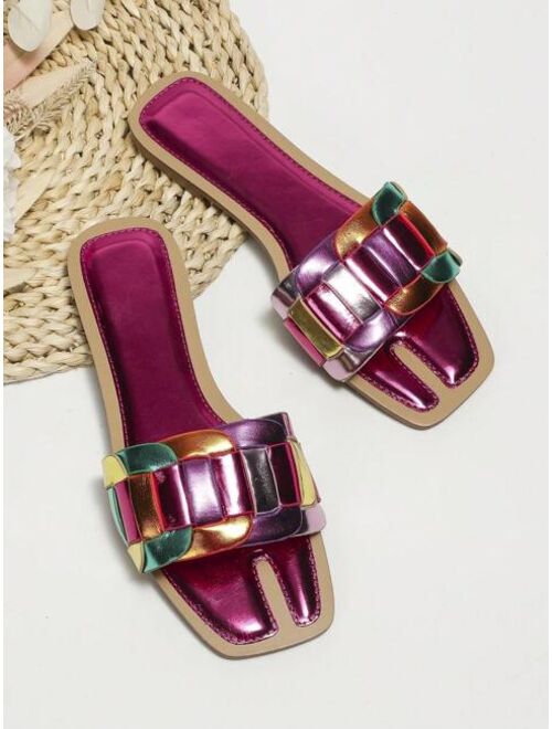 Shein Fashionable Slide Sandals For Women, Colorblock Metallic Single Band Flat Sandals