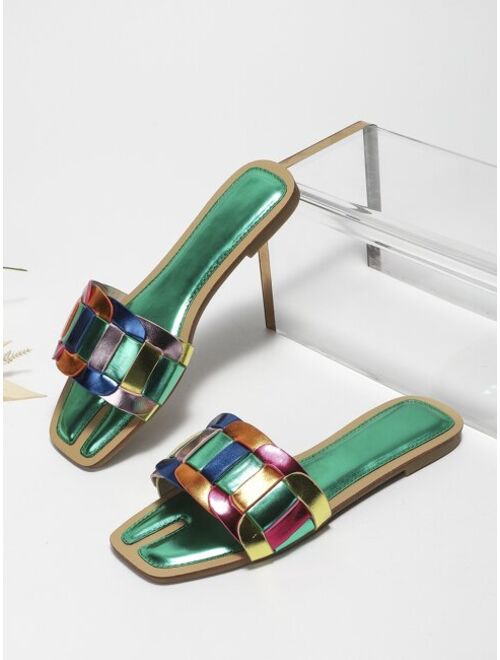 Shein Fashionable Slide Sandals For Women, Colorblock Metallic Single Band Flat Sandals