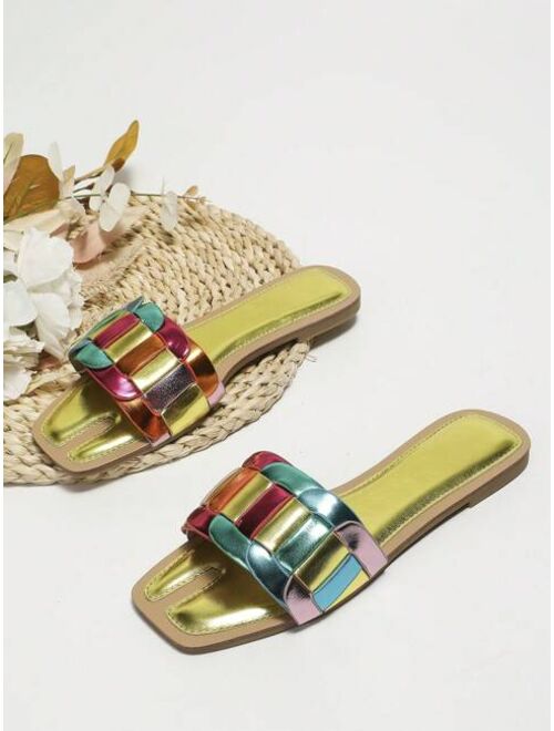 Shein Fashionable Slide Sandals For Women, Colorblock Metallic Single Band Flat Sandals