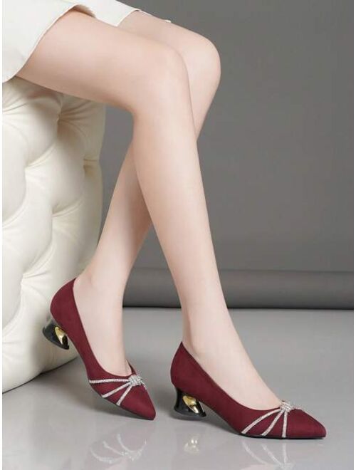 WorldTrends Shoes Rhinestone Decor Point Toe Sculptural Heeled Faux Suede Court Pumps