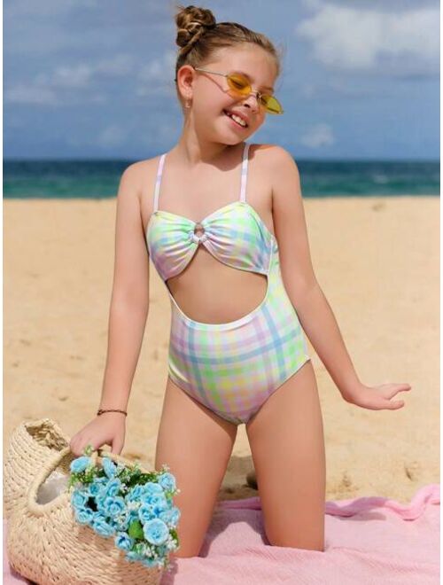 Teen Girl Color Block Ring Linked Bikini Swimsuit
