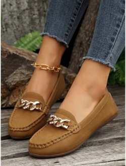 Yoosoochic Shoes Fashion Beige Loafer Shoes For Women, Rhinestone & Chain Decor Flats