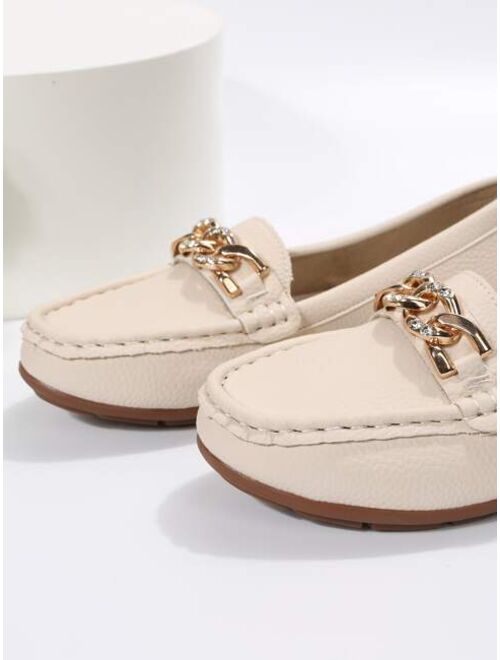 Yoosoochic Shoes Fashion Beige Loafer Shoes For Women, Rhinestone & Chain Decor Flats