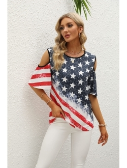 BANGELY American Flag Cold Shoulder Shirt Women 4th of July Patriotic Shirt Stars Stripes Short Sleeve Top Tees