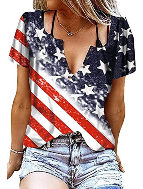 BANGELY American Flag Cold Shoulder Shirt Women 4th of July Patriotic Shirt Stars Stripes Short Sleeve Top Tees