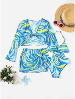 Girls 4pack Fluid Pattern Halter Bikini Swimsuit & Cover Up Top With Skirt Set