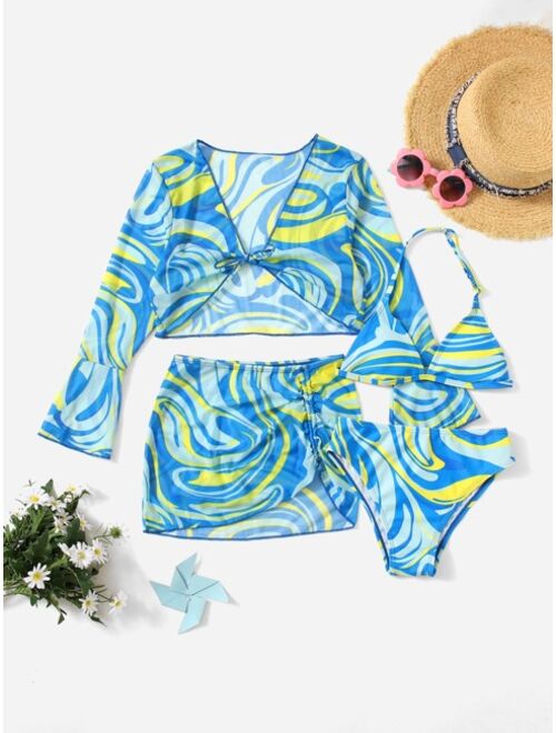 Shein Girls 4pack Fluid Pattern Halter Bikini Swimsuit & Cover Up Top With Skirt Set