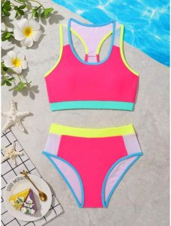 Girls Colorblock Contrast Binding Bikini Swimsuit