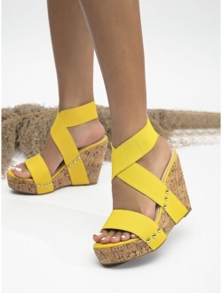 CaronsRainbowBridge Women Criss Cross Studded Detail Ankle Strap Sandals, Fashionable Outdoor Wedge Sandals