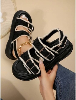 Hillocke Buckle Decor Raw Trim Flatform Slingback Sandals