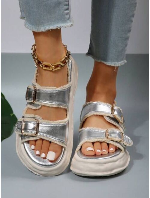 Hillocke Buckle Decor Raw Trim Flatform Slingback Sandals