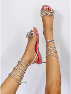 XIaoXueJie Women Rhinestone Flower Decor Strappy Sandals, Glamorous PVC Flat Sandals For Summer