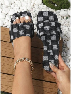 WEIYANSU Women Raw Trim Checkered Print Flat Sandals, Fashionable Summer Denim Mule Sandals