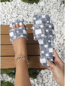 WEIYANSU Women Raw Trim Checkered Print Flat Sandals, Fashionable Summer Denim Mule Sandals