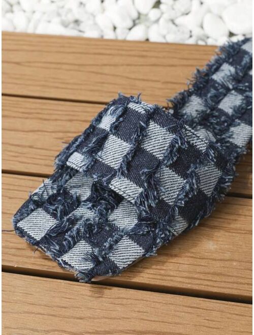 WEIYANSU Women Raw Trim Checkered Print Flat Sandals, Fashionable Summer Denim Mule Sandals