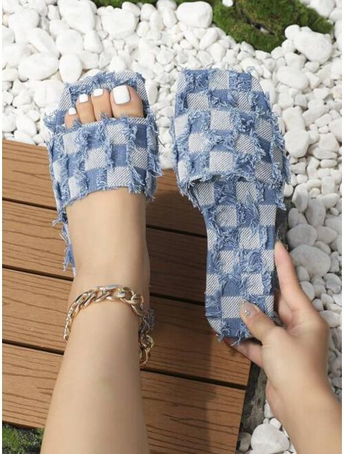 WEIYANSU Women Raw Trim Checkered Print Flat Sandals, Fashionable Summer Denim Mule Sandals