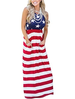 For G and PL Women's American Flag July 4th Sleeveless Tank Maxi Dress with Pockets