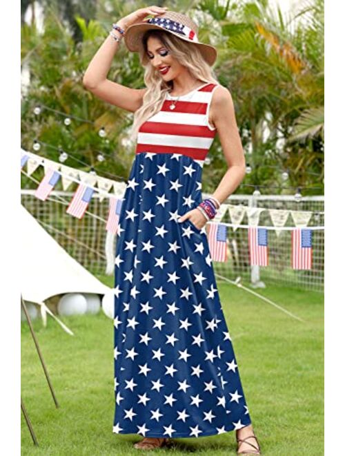 For G and PL Women's American Flag July 4th Sleeveless Tank Maxi Dress with Pockets