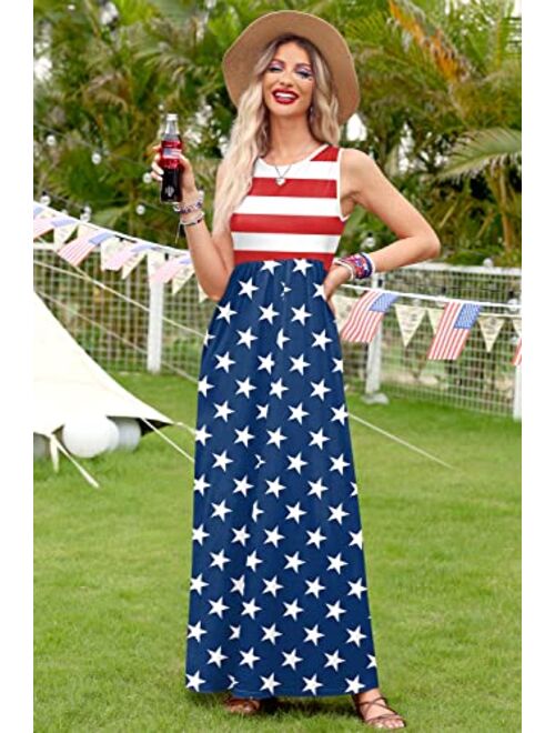 For G and PL Women's American Flag July 4th Sleeveless Tank Maxi Dress with Pockets