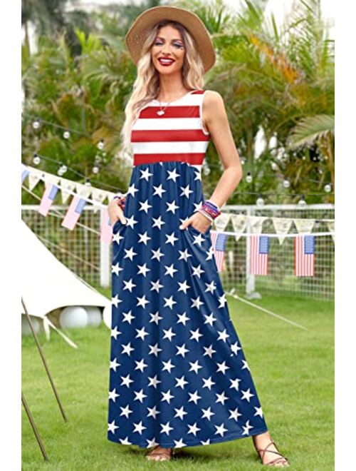 For G and PL Women's American Flag July 4th Sleeveless Tank Maxi Dress with Pockets