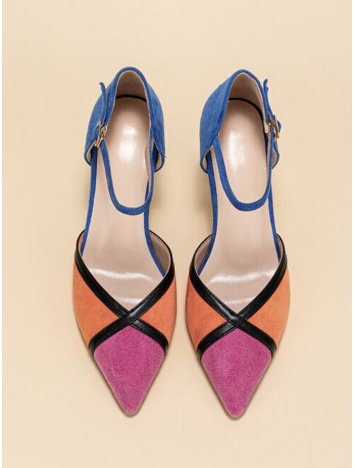 SolecraftKJM Color Block Faux Suede Point Toe Pyramid Heeled Ankle Strap Pumps