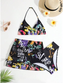 Teen Girls Letter Graphic Bikini Swimsuit With Beach Skirt