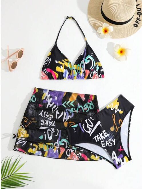 Shein Teen Girls Letter Graphic Bikini Swimsuit With Beach Skirt