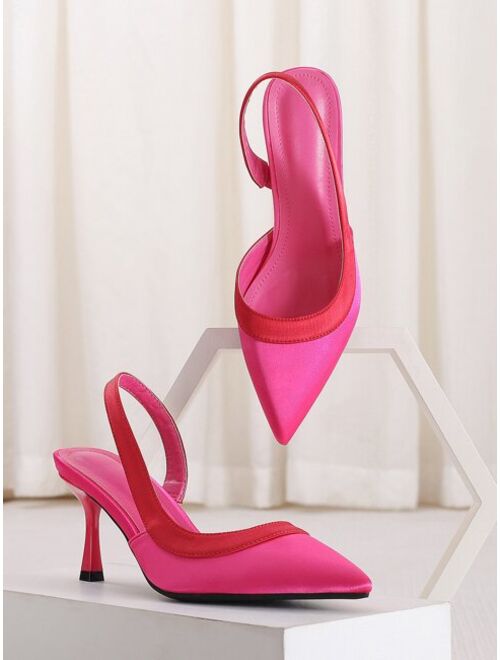 WEIBENA Two Tone Point Toe Pyramid Heeled Satin Slingback Pumps