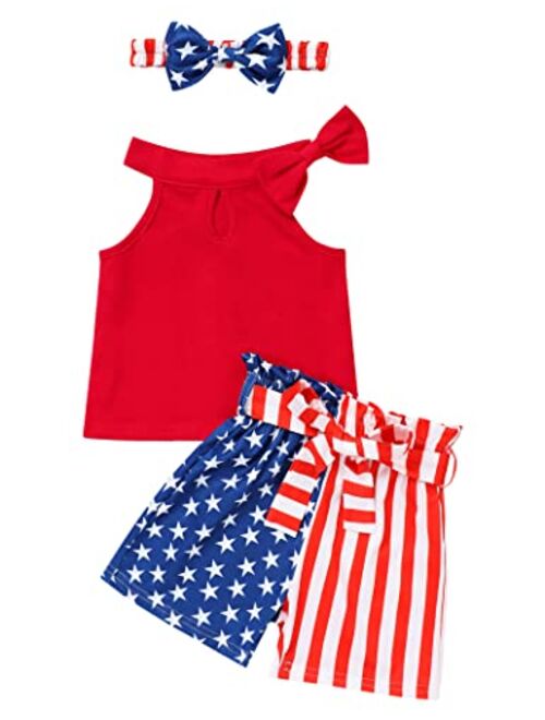 Sinda 4th of July Toddler Girl Outfit American Flag Top Striped Shorts with Waistband Clothes Set for 1-5 Years