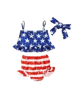 SOFEON Toddler Baby Girls 4th of July Outfits Sleeveless Stars Tank Tops Ruffles Stripe Shorts With Headband Clothes Set