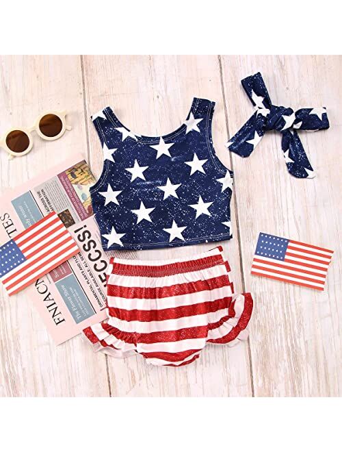 SOFEON Toddler Baby Girls 4th of July Outfits Sleeveless Stars Tank Tops Ruffles Stripe Shorts With Headband Clothes Set