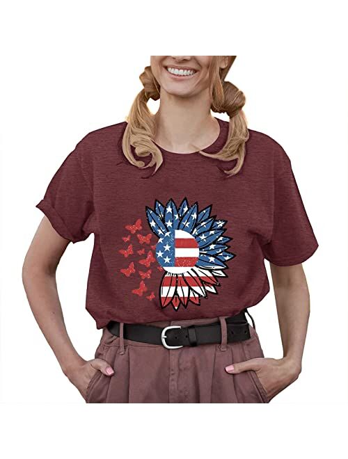 DASAYO July 4th Womens Tops Sunflower American Flag Print Crew Neck Short Sleeve Tshirt Cute Patriotic Trendy Summer Shirts