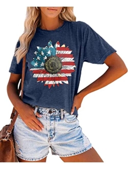 Meesheep American Sunflower Shirt for Women USA Flag Graphic 4th of July T Shirt Patriotic Shirt Casual Tee Tops