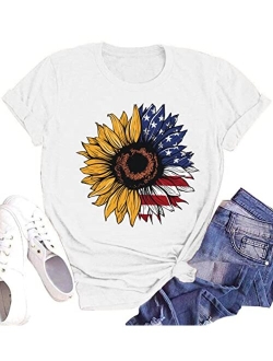 Meesheep American Sunflower Shirt for Women USA Flag Graphic 4th of July T Shirt Patriotic Shirt Casual Tee Tops