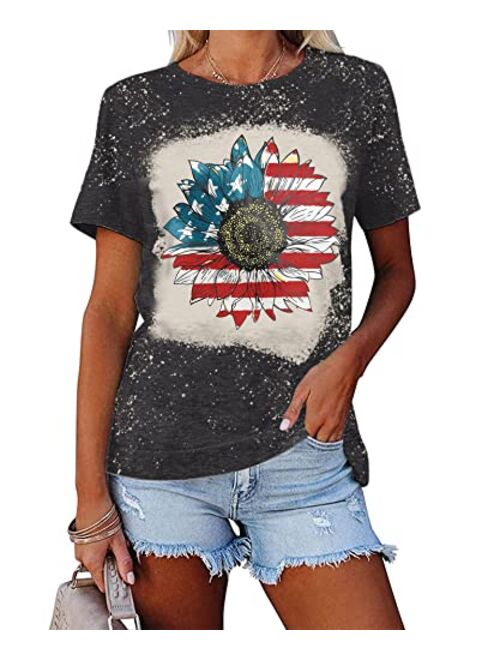 Meesheep American Sunflower Shirt for Women USA Flag Graphic 4th of July T Shirt Patriotic Shirt Casual Tee Tops