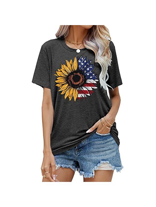 Meesheep American Sunflower Shirt for Women USA Flag Graphic 4th of July T Shirt Patriotic Shirt Casual Tee Tops