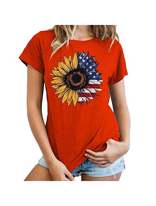 Meesheep American Sunflower Shirt for Women USA Flag Graphic 4th of July T Shirt Patriotic Shirt Casual Tee Tops