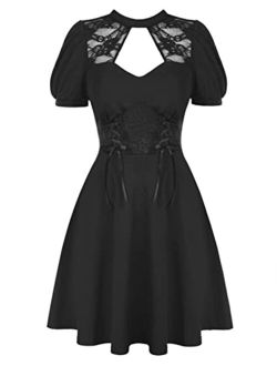 Women Summer Skater Dress Lace Vintage Gothic Dress with Pockets