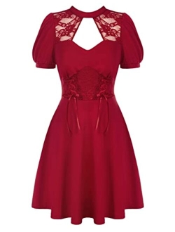 Women Summer Skater Dress Lace Vintage Gothic Dress with Pockets