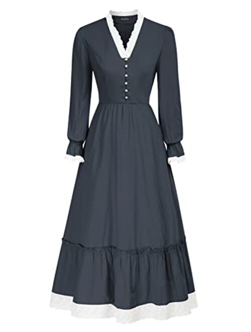 Scarlet Darkness Women Pioneer Colonial Costume V Neck Prairie Civil War Dresses