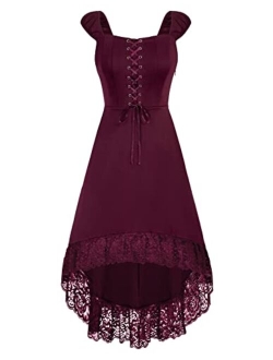 Women High Low Dress Sleeveless Gothic Dress Lace Up Steampunk Dress with Pockets