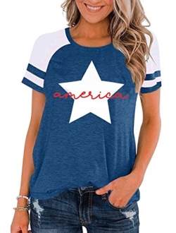 Meesheep American Flag Shirt Women 4th of July Shirts USA Flag Graphic Patriotic Tshirt Raglan Color Block Tops