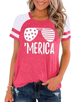 Meesheep American Flag Shirt Women 4th of July Shirts USA Flag Graphic Patriotic Tshirt Raglan Color Block Tops