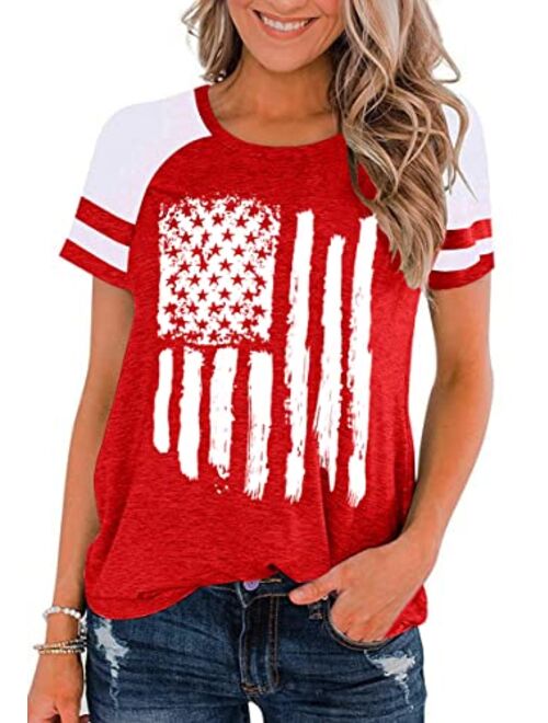 Meesheep American Flag Shirt Women 4th of July Shirts USA Flag Graphic Patriotic Tshirt Raglan Color Block Tops