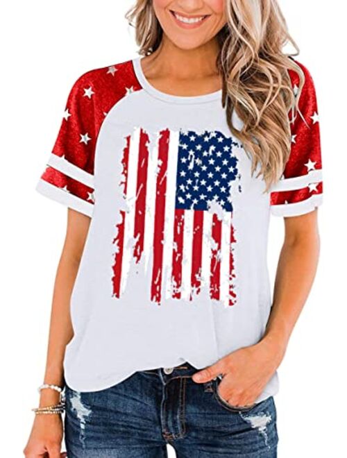 Meesheep American Flag Shirt Women 4th of July Shirts USA Flag Graphic Patriotic Tshirt Raglan Color Block Tops