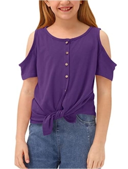 BesserBay Girls Summer Cold Shoulder Tie Front Button Down Shirt 11-12 Years