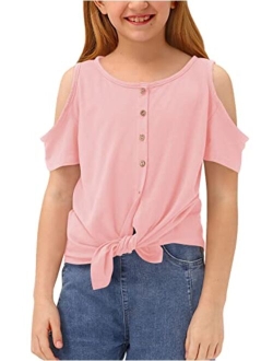 BesserBay Girls Summer Cold Shoulder Tie Front Button Down Shirt 11-12 Years