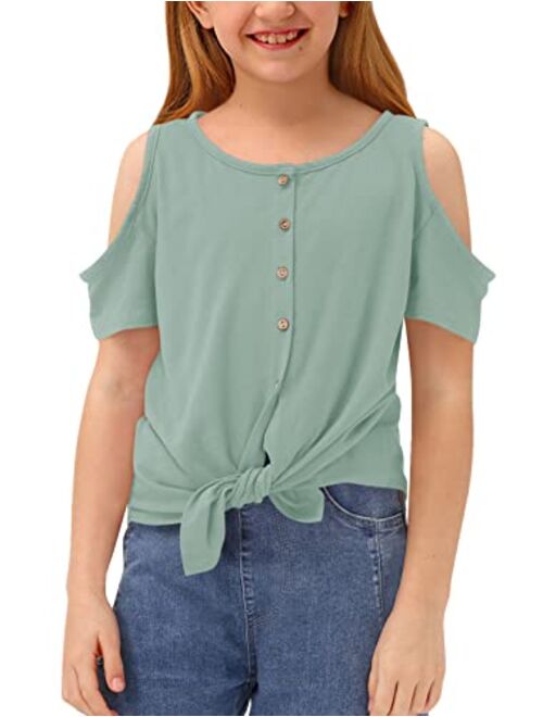 BesserBay Girls Summer Cold Shoulder Tie Front Button Down Shirt 11-12 Years